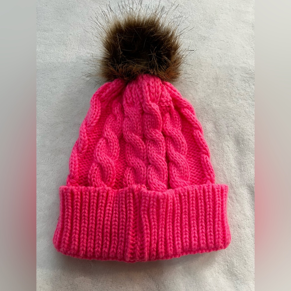 Hot Pink Knit Hat, Brown Fur Puff, OS